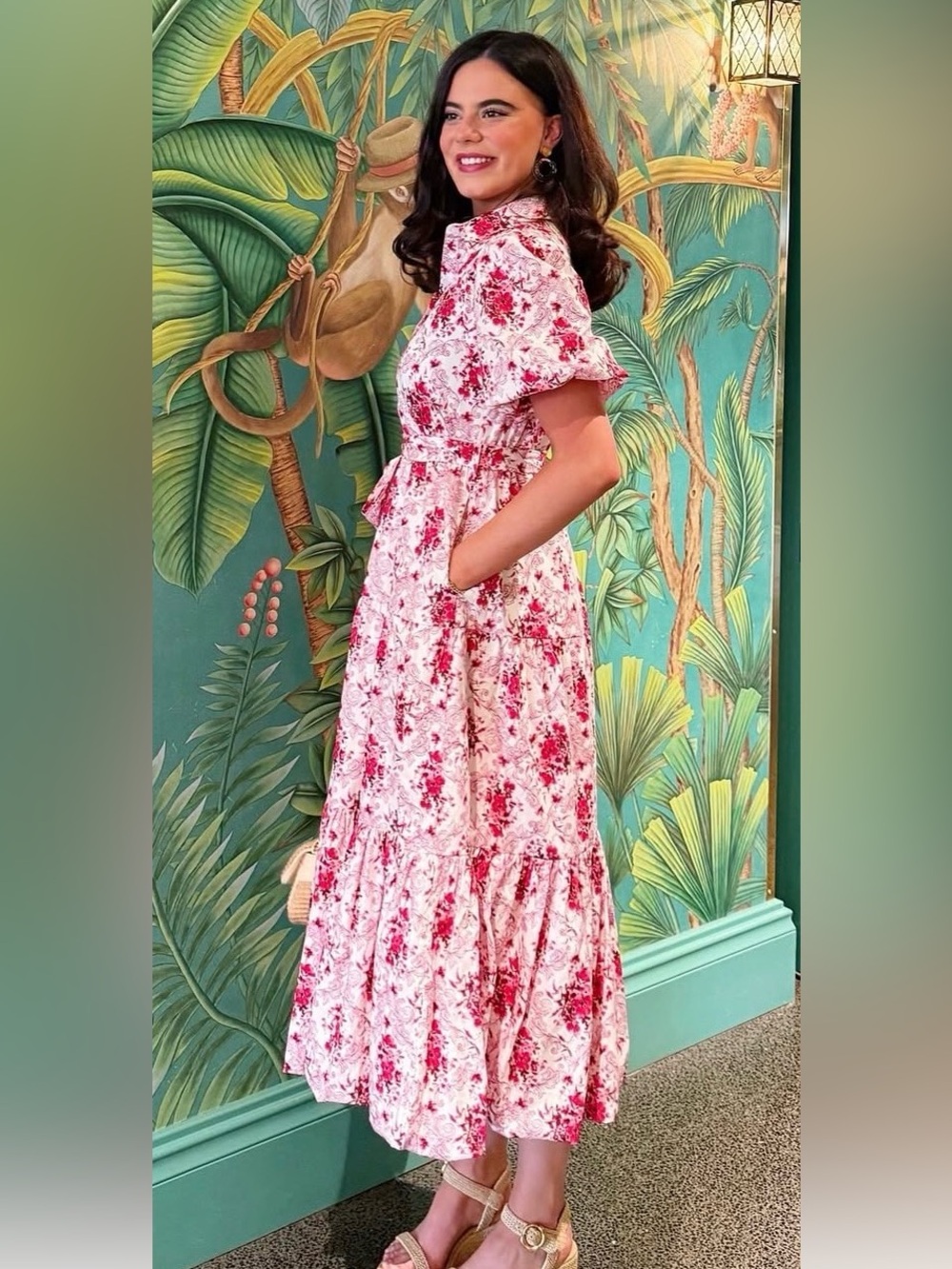 Peach Love California Pink and White Floral Tiered Midi Dress